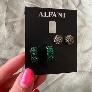 2 Pairs Alfani Silver Green Hoop Silver Tone Stud Earrings